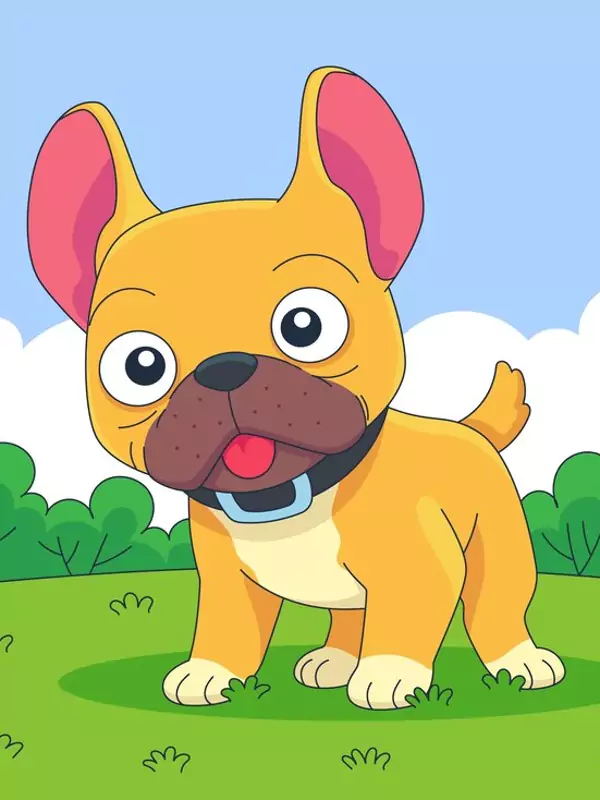 Animated French bulldog cartoon illustration with trees on the background