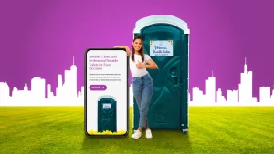 Woman giving a thumbs up in front of porta potties, highlighting their importance for event success