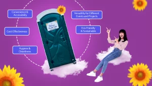 Girl pointing at a Princess Portable Toilet, highlighting the benefits of renting portable restrooms for events and job sites