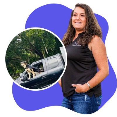 Princess Mariah of Princess Portable Toilets, providing top service with her dogs, Lennon and Lola