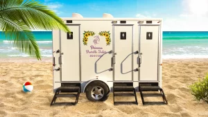 Luxury restroom trailer with AC and sinks at an outdoor summer event in North Central Florida