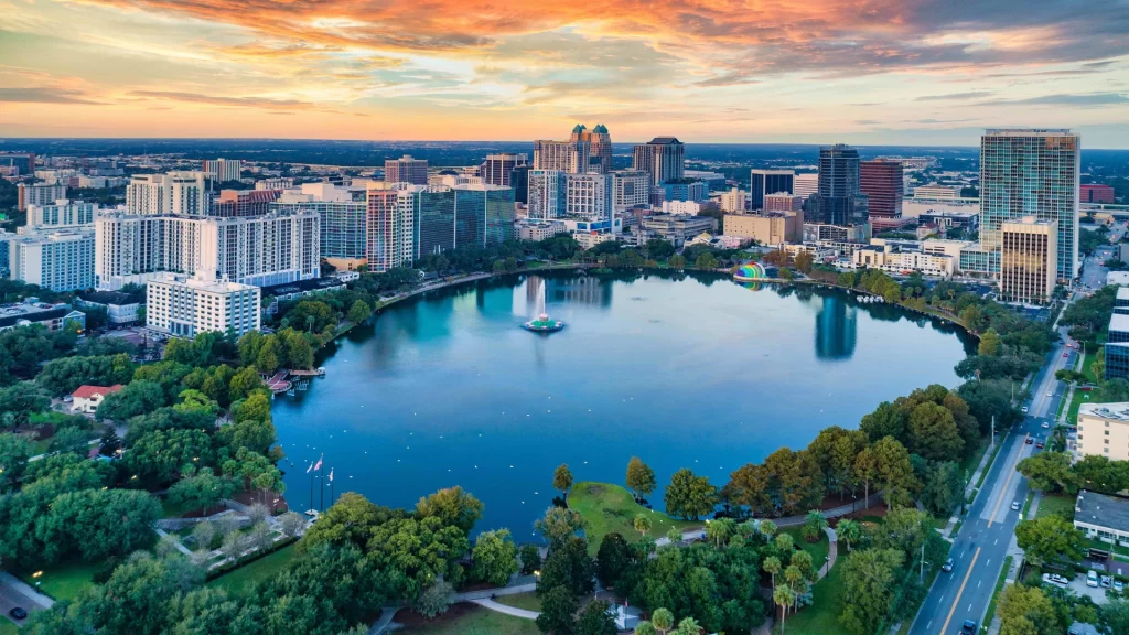 Drone shot of Orlando, FL with portable toilet rental service areas