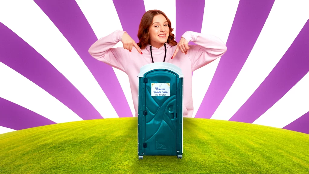 Woman pointing at Princess Portable Toilets unit, highlighting how long can you rent a porta potty in Florida