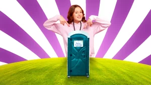 Woman pointing at Princess Portable Toilets unit, highlighting how long can you rent a porta potty in Florida