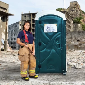 Princess Portable Toilet placed in a disaster zone beside a rescuer, showing reliable emergency sanitation during Florida crises