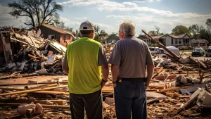 Two elderly men observing destroyed houses after a storm, showing long-term recovery supported by porta potty rentals
