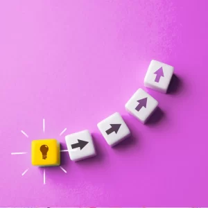 Diagonal blocks with a glowing bulb and arrows illustrate Princess Portable Toilets’ mission to turn bright ideas into real action