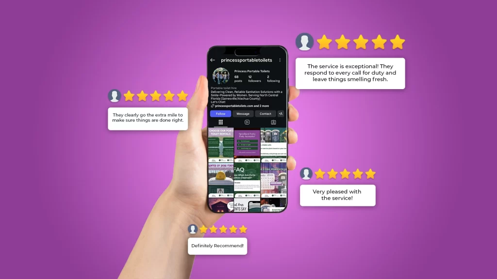 A hand holds a phone showing Princess Portable Toilets’ social media and great reviews for professional portable toilet service