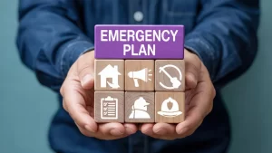 Wooden blocks with emergency plan icons representing disaster preparedness and sanitation planning for communities