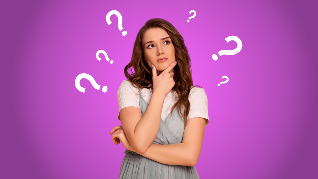 Woman thinking with question marks above her head, representing common portable toilet myths debunked
