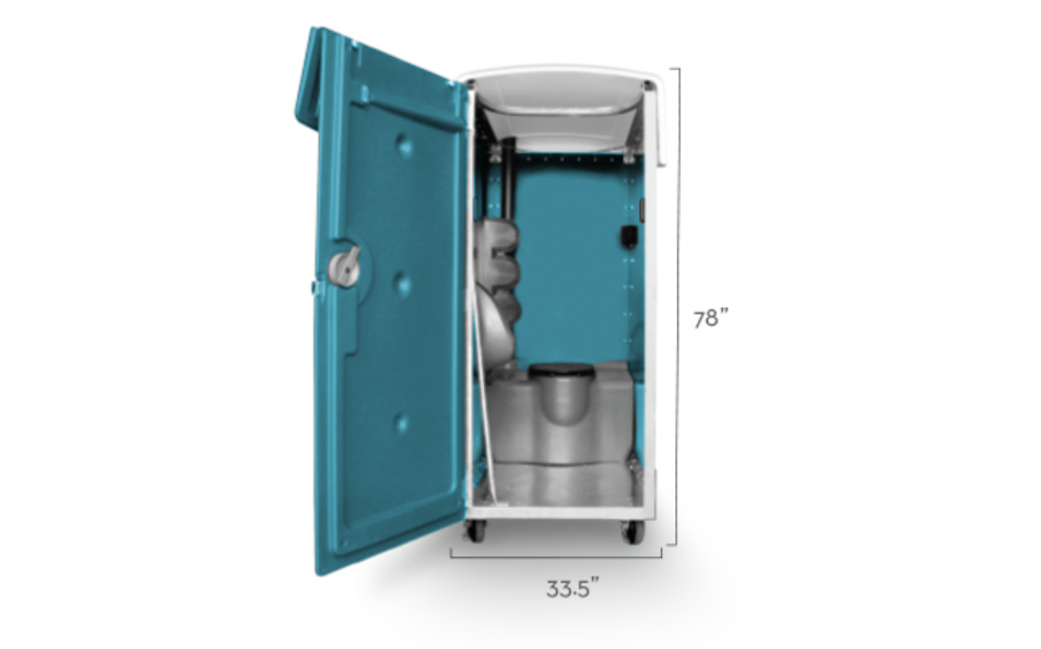 Specification diagram of a Princess Flyable Portable Toilet with dimensions and key features