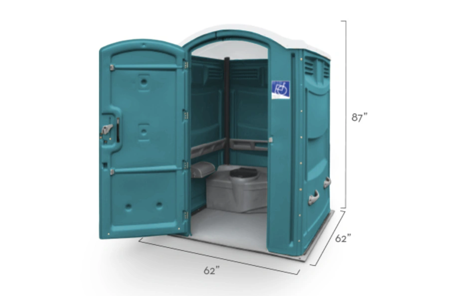 Specification diagram of a Princess Handicap Accessible Porta Potty with dimensions and features