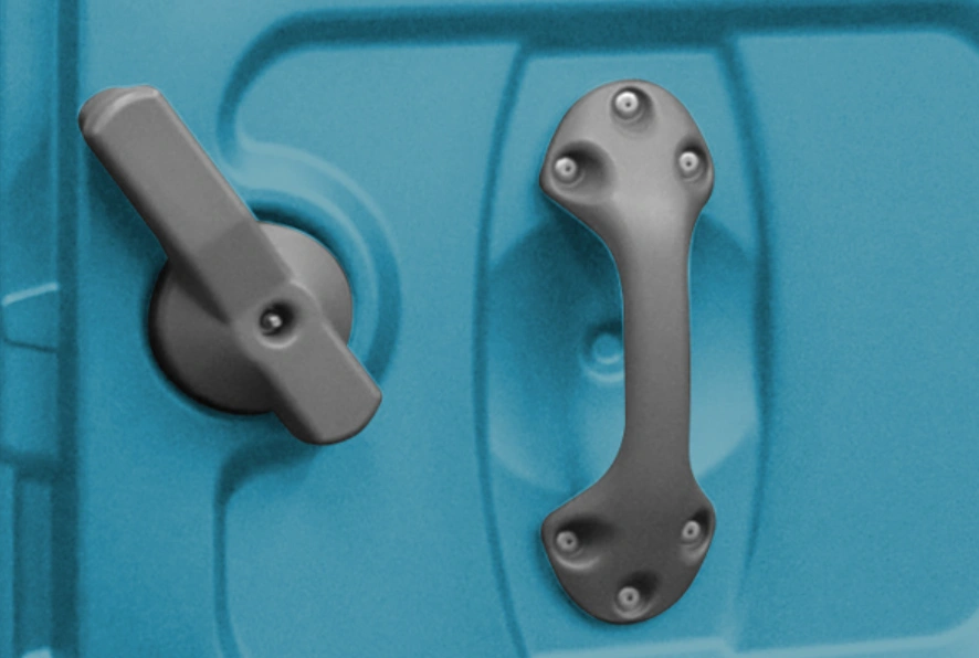 Close-up of the hands-free door latch designed for improved hygiene and ease of use