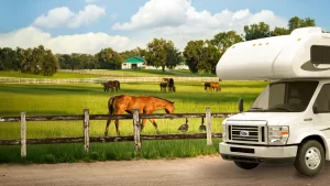 A peaceful farm scene with horses grazing in an open field while an RV is parked nearby, highlighting a rural outdoor setting