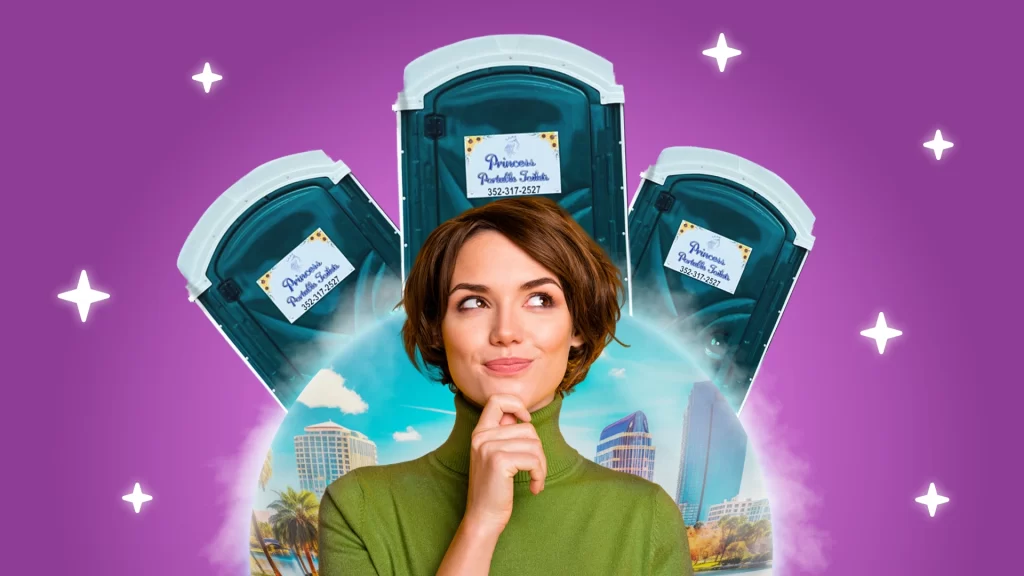 A woman thinking with a spherical Ocala, FL city backdrop behind her, featuring Princess Portable Toilets for portable toilet rental Ocala