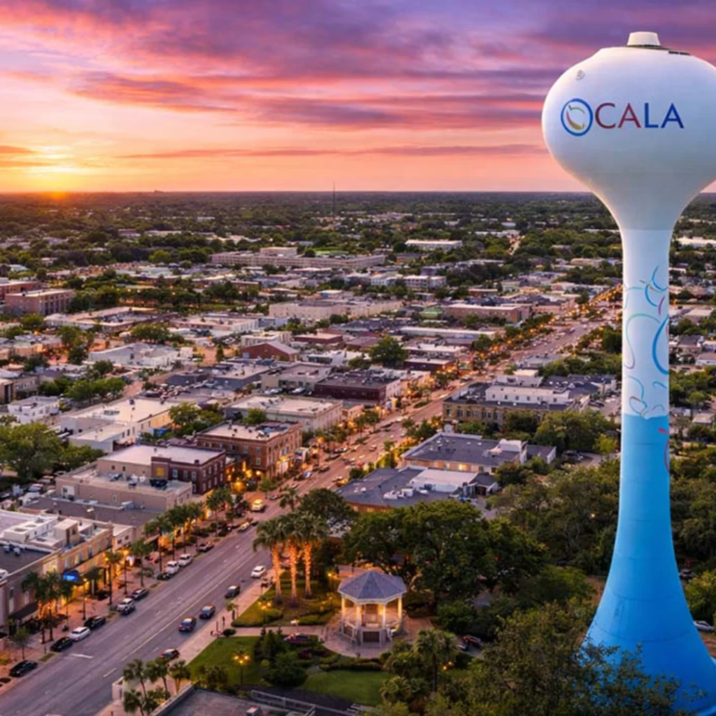 Aerial view of Ocala, Florida highlighting the service area for portable toilet rental in Ocala and surrounding communities